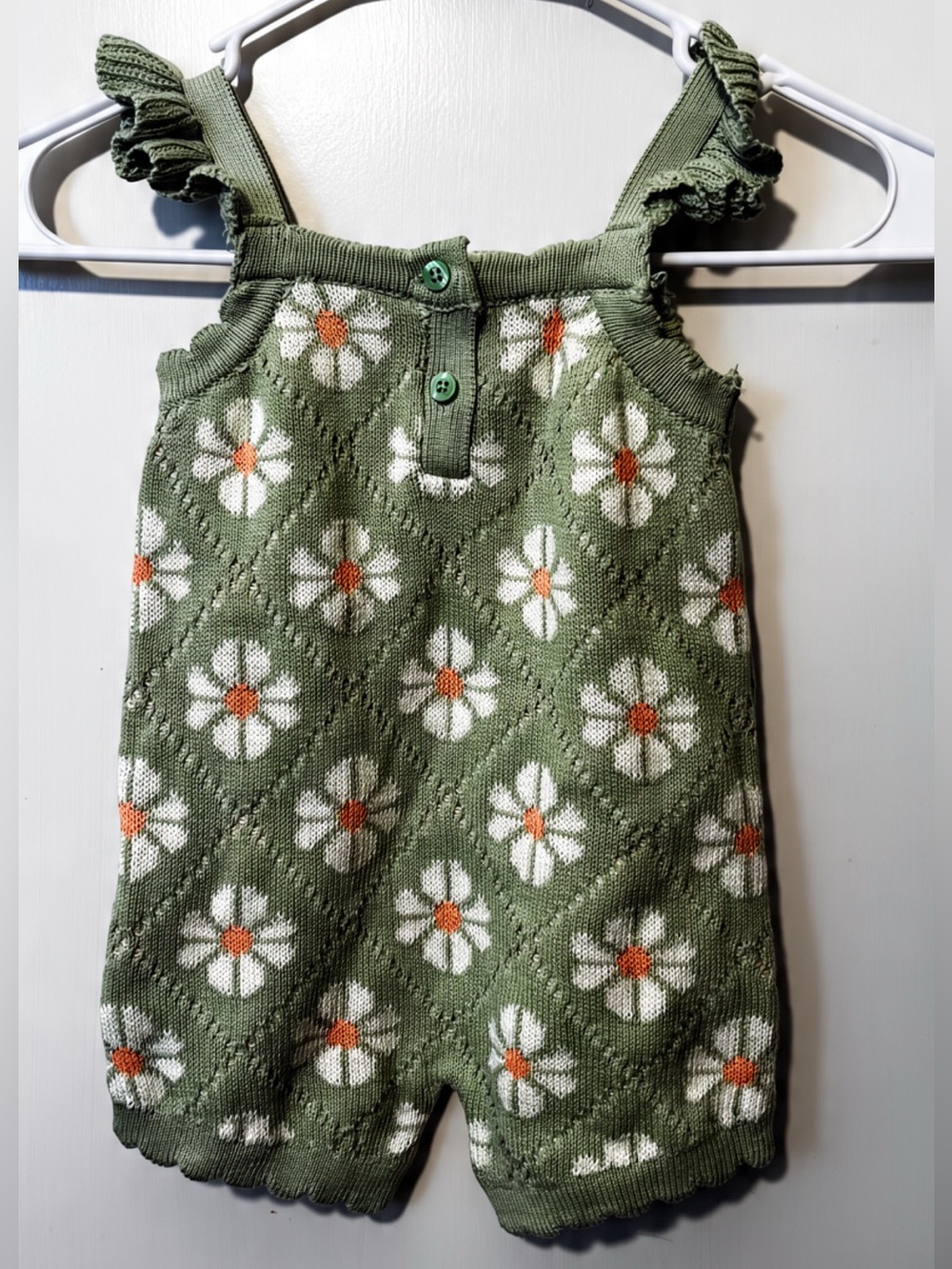 Sincerely Jules Olive Green Knit Daisy Romper with White & Orange Flowers